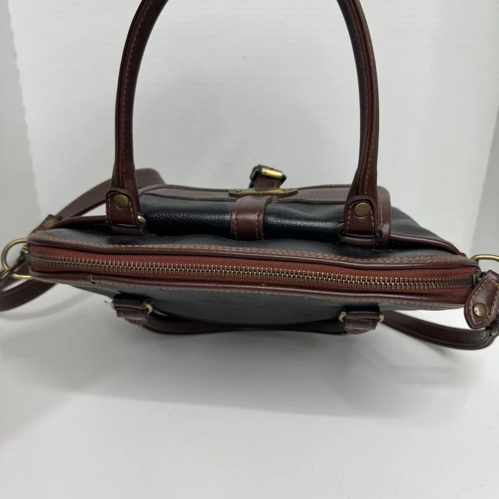 Liz Claiborne Black Brown Pebble Grain Satchel Crossbody Bag Brass Hardware